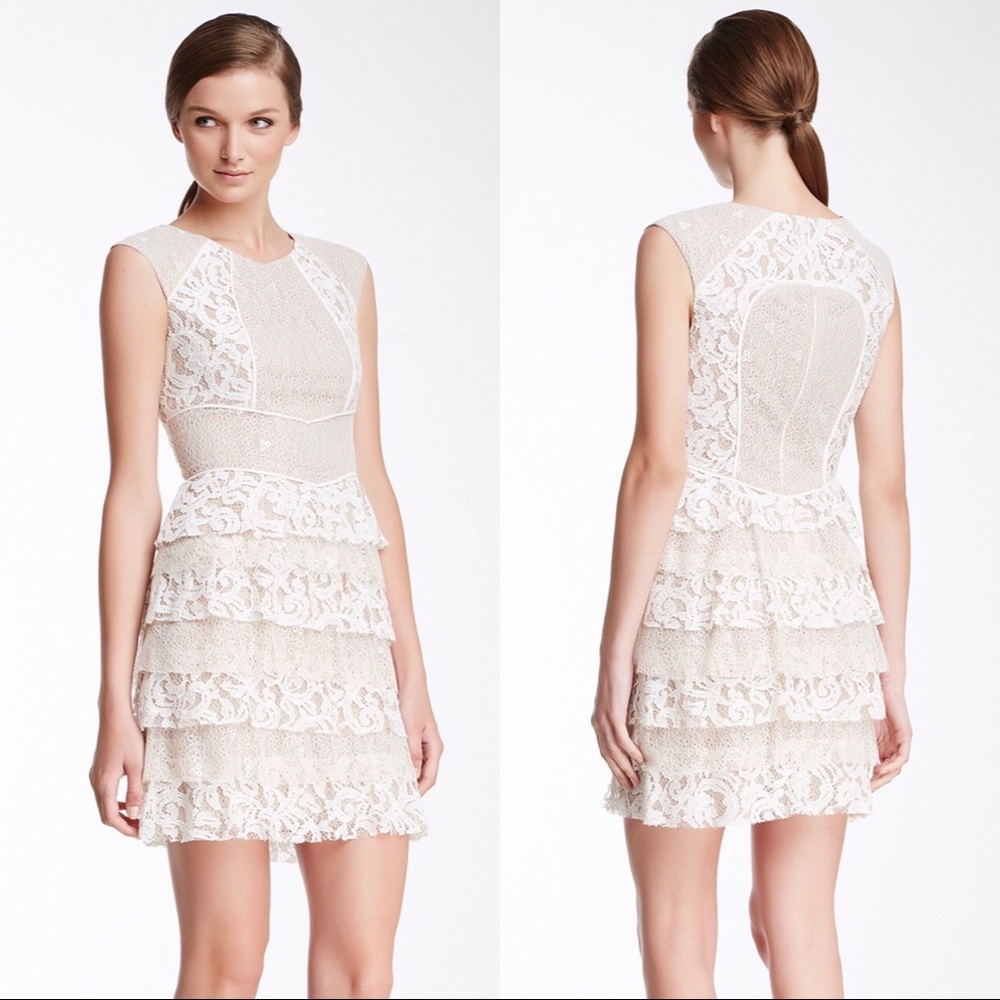 NWT BCBGMAXAZRIA Nude White Lace Tiered Dress 8
